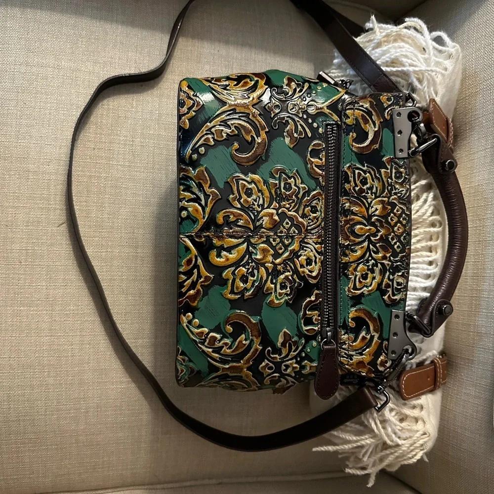 Vintage-Inspired Green and Brown Embossed Satchel